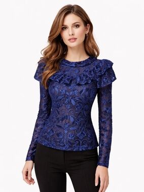 Luminary Women's Top Small Elegant Blue Velvet Victorian Jacquard Long Sleeve